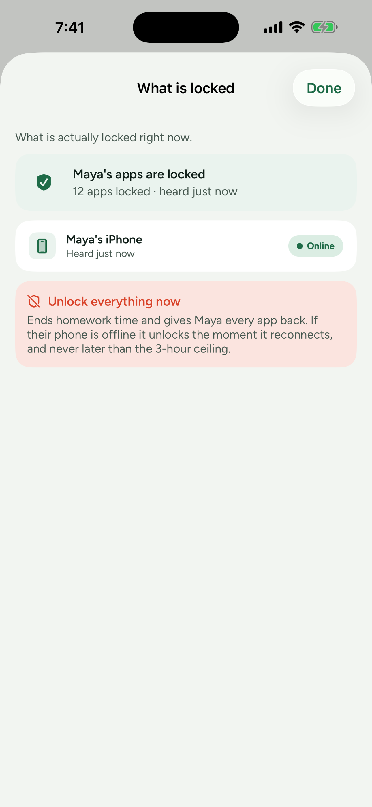 The DonePass what-is-locked sheet, showing that the child's apps are locked with a count of twelve, the child's phone online, and a red control reading Unlock everything now with the three-hour ceiling written beneath it.