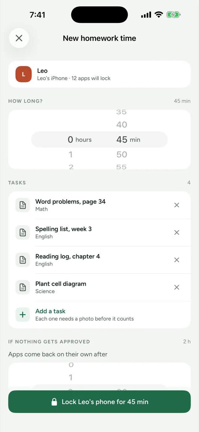 The DonePass screen for starting homework time: the child's paired phone with the number of apps that will lock, a length wheel set to forty-five minutes, four tasks entered with their subjects, and a button reading Lock Leo's phone for 45 min.