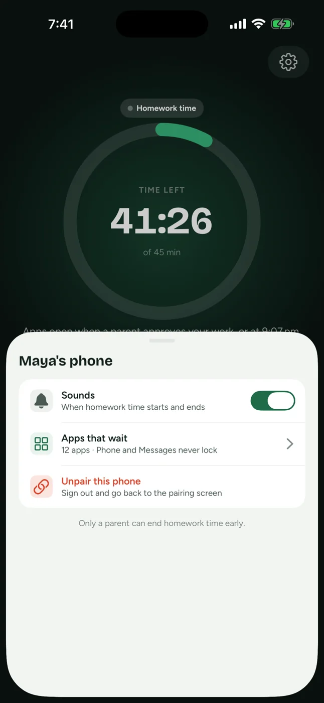 The child's phone settings on top of the running countdown, listing Apps that wait as twelve apps with a note that Phone and Messages never lock.