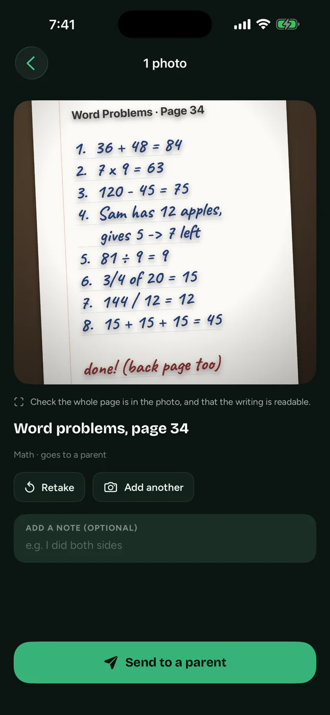 The DonePass camera review screen on a child's phone showing a photographed page of handwritten maths, the task it belongs to, an optional note field and a button reading Send to a parent.