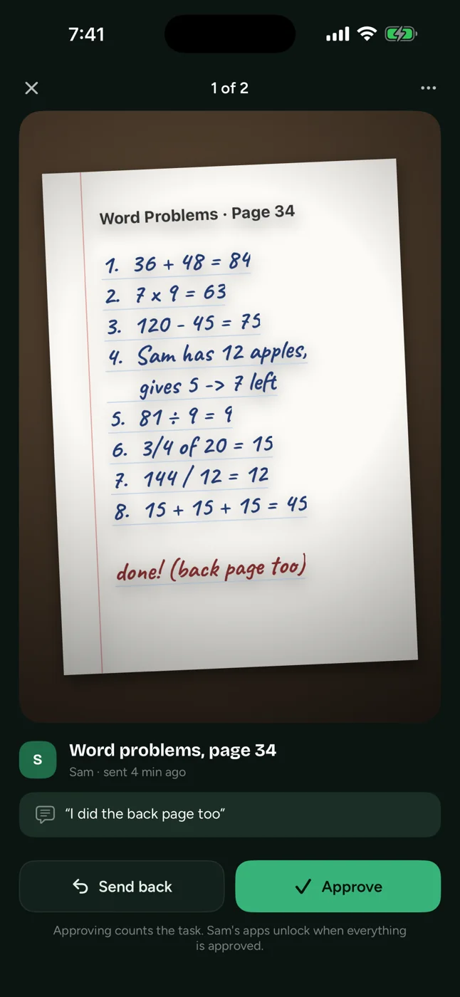 The DonePass proof review screen: a full-screen photo of a finished page of maths, the task title underneath with the child's name and how long ago it was sent, the child's note, and Send back and Approve buttons.