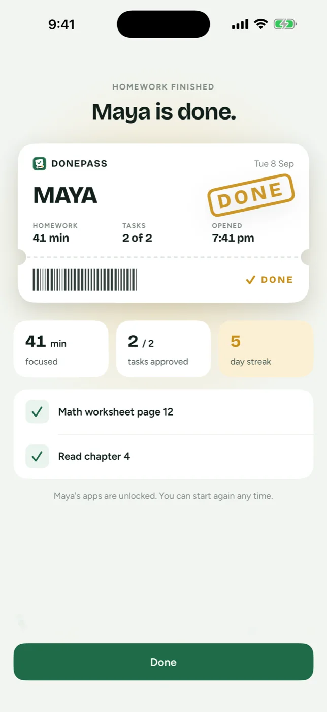 The DonePass session-complete screen: a pass stamped DONE for Maya reading forty-one minutes of homework and two of two tasks, three figures underneath for minutes focused, tasks approved and a five-day streak, the two finished tasks ticked off, and a line saying Maya’s apps are unlocked.