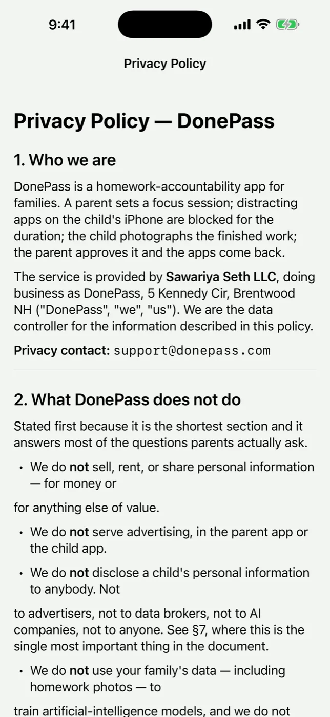The DonePass privacy policy open inside the app, showing the section headed what DonePass does not do, with bolded nots against selling personal information, serving advertising, disclosing a child's information and training artificial-intelligence models on family data.